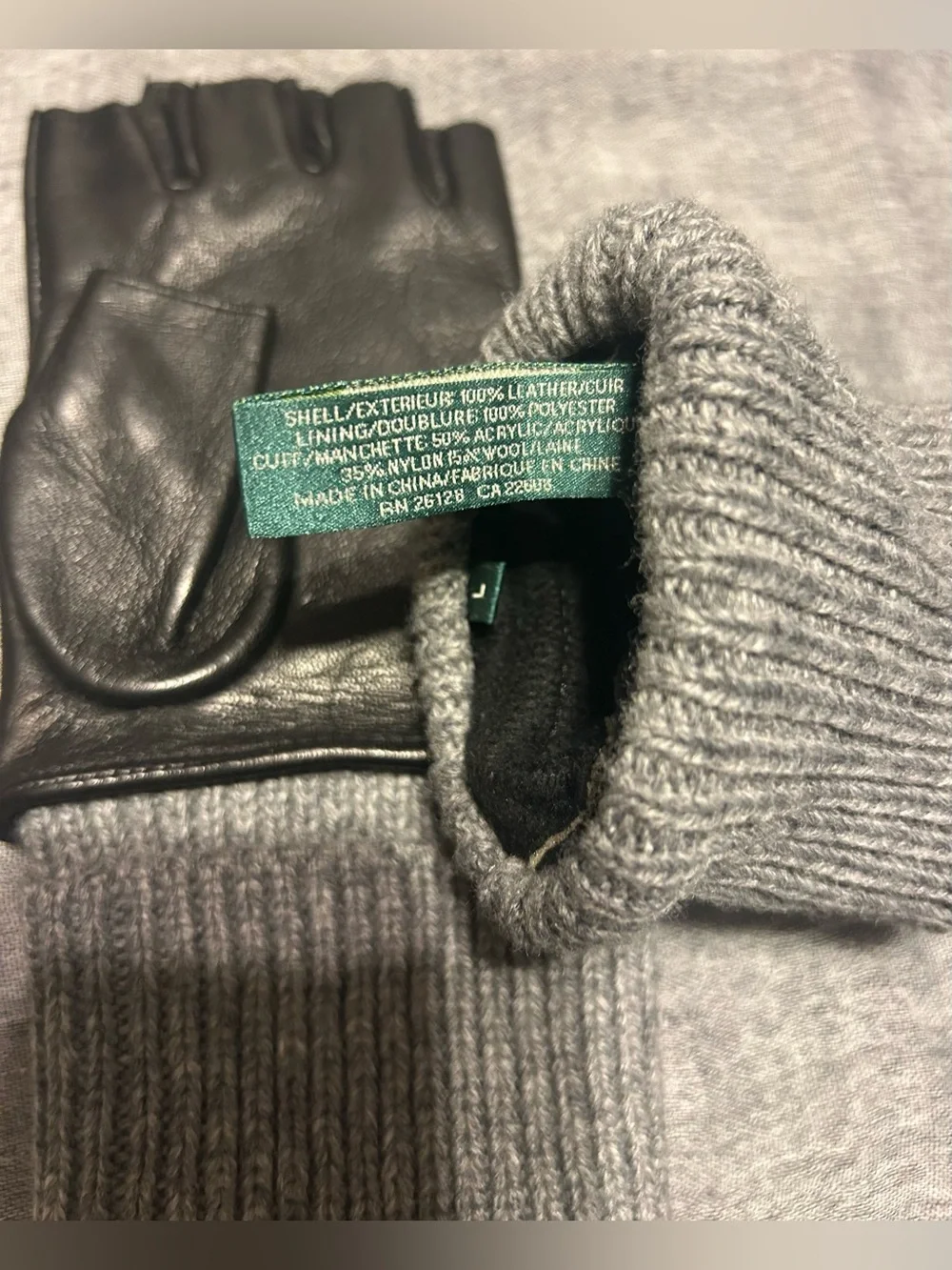 Lauren Ralph Lauren Black Leather Fingerless Gloves with Gray Knit Cuffs Size L